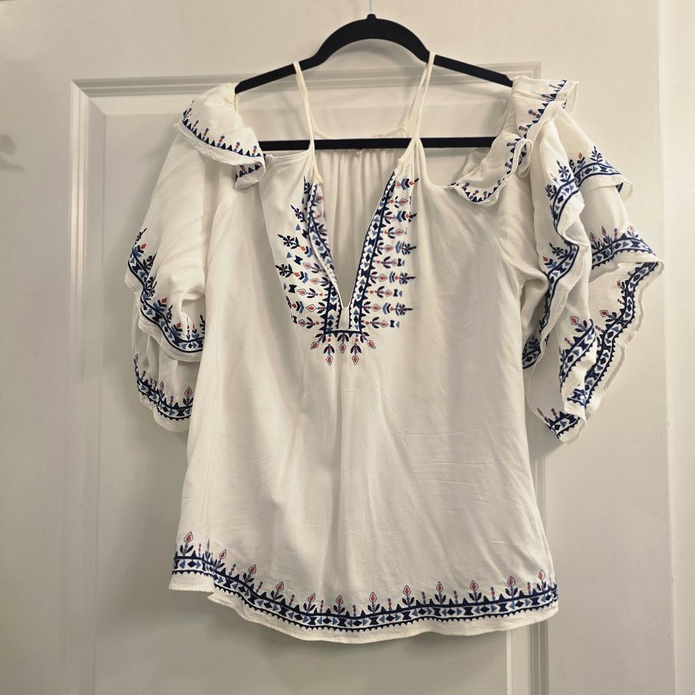 Parker White Blouse with Blue Embroidery